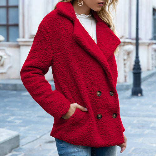 Loose Lapel Fluffy Coat Winter Button Jacket Cardigan Outwear For Women Clothing - Color: Red, Size: L
