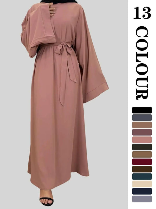 Arabic Clothing-Solid Long Sleeve Round Neck Maxi Arabian Dress with Belt, Summer Outfits 2026, Kaftan Long Dresses for Women Spring Summer Fall - Color: Pink, Size: XL