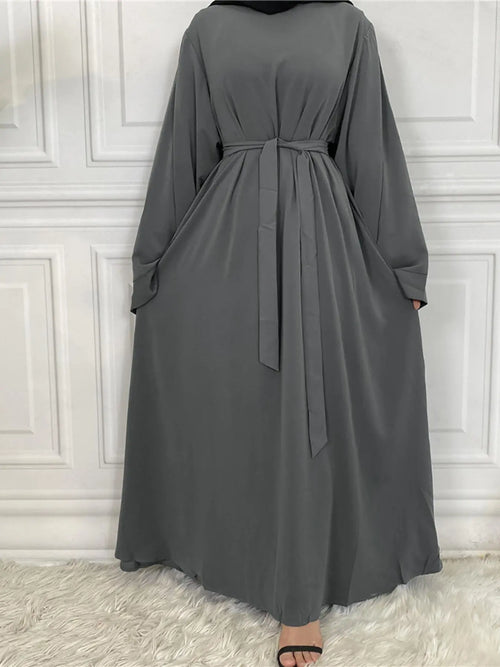 Arabic Clothing-Solid Long Sleeve Round Neck Maxi Arabian Dress with Belt, Summer Outfits 2026, Kaftan Long Dresses for Women Spring Summer Fall